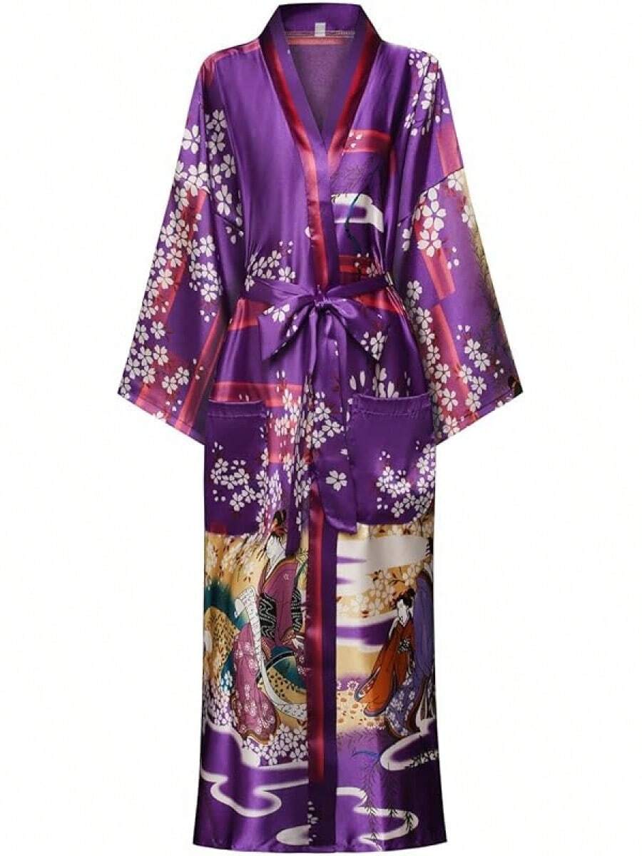 DandyChic Women's Long Floral Satin Robes Imitation Silk Sleepwear Bridal Dressing Gown For Bridesmaid Nightgownhalloween - 櫻花紫 - 查看 1
