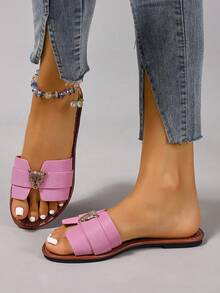 新款春夏时尚H型拖鞋女，休闲露趾拖鞋，舒适一脚蹬凉鞋，黑色/米色/棕色，平底，压花，博主推荐，沙漠钥匙，法国高端，水钻厚底凉鞋，沙滩鞋，新款仙女风格系带凉鞋，低跟圆头室内/室外拖鞋，鳄鱼纹百搭夏季平底拖鞋 - 粉色 - 查看 4