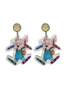 1 Pair School Series Mouse Ear & Colorful Pencil Cup Shaped Stainless Steel Stud Earrings For Students & Teachers, Gold Color