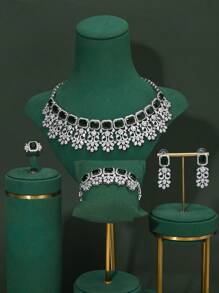 5pcs/Set Luxury European & American Style Exaggerated Red Gem, Green Gem, Cubic Zirconia Copper Necklace, Earrings, Open Ring, Bracelet 4-Piece Jewelry Set. Suitable For Banquet, Party, Bride, Wedding. Gift For Mother, Teacher, Girlfriend