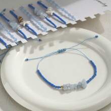 12 Peças/Conjunto Estilo Boho Pulseira Ajustável Conjunto de Conchas com Contas Azul Oceano e Pedras Naturais para Mulheres, Férias e Festa