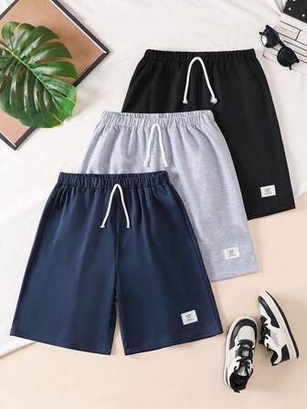 3pcs/Set Teenage Boys' Fashion Casual Sports Shorts, Faux Drawstring Elastic Waist, Lightweight Knit Fabric, Comfortable For Spring/Summer Schoolwear, Outdoor Activities, Cycling, Running, Daily Wear