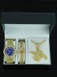 1 Set de joyería para hombre con colgante con signo de dólar con alas todo cubierto de rhinestone, reloj, pulsera, conjunto de joyería de lujo y glamoroso, accesorio de moda brillante