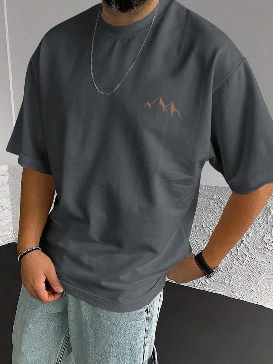 男士休闲圆领短袖咖啡色T恤，带山脉轮廓印花，夏季