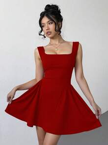 Vestidos para mujer, con cuello cuadrado, sin mangas, liso, elegante, plisado - Rojo - Ver 4
