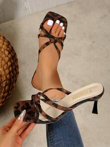 Women Squared Head High Sharp Heel Sandals, Leopard Print Elegant, Summer Slip-On Stiletto