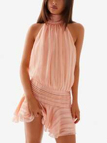 Women Pleated Halter Mini Dress Sleeveless Off The Shoulder Open Back Layered Ruffle Hem Bodycon Short Dress Summer Backless Ruced Tiered A-Line Going Out Dresses Party Club Beach Cute Dress - 橘色 - 查看 2