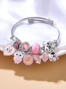1 pieza Brazalete de mujer de acero inoxidable con cuentas, con colgantes de flor, lazo y mariquita, de moda