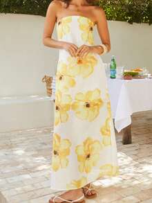 Women Summer Long Bandeau Dress Sleeveless Off Shoulder Flower Print Tube Top Dress - Yellow - View 2