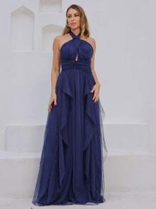 Vestido de festa longo  para casamento,madrinha,formatura de tule  liso com saia cascata