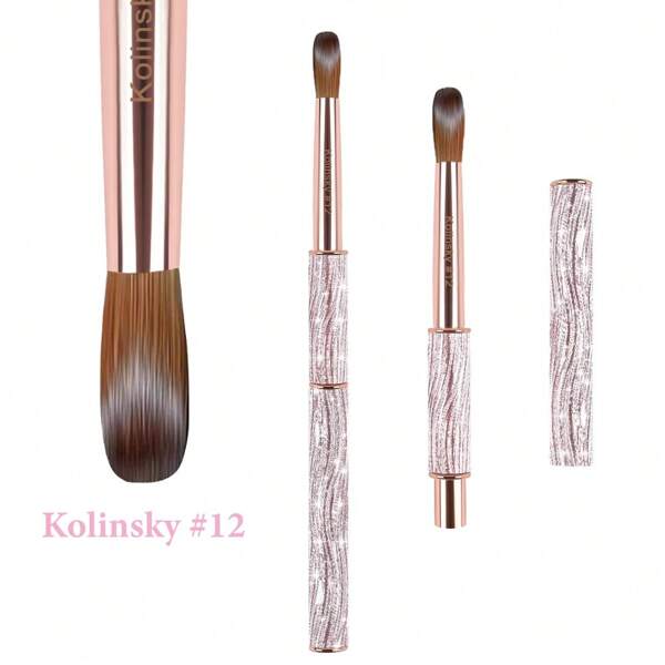 1 pieza Tamaño #8-#12 Cepillo de uñas de acrílico Kolinsky con mango de metal rosa brillante, pinceles de arte de uñas para aplicación de acrílico, herramienta profesional de extensión de uñas y manicura