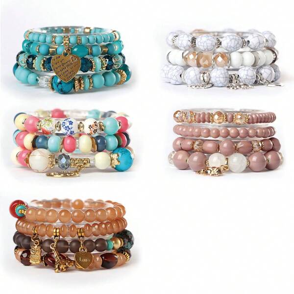 Conjunto de 18 piezas Pulsera bohemia de varias capas con dijes con forma de corazón y Torre de Hierro, pulsera de estilo retro, adecuada para uso diario de mujer, regalo de San Valentín, cumpleaños o fiesta