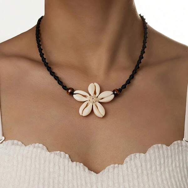1 pièce Collier ajustable fait main avec fleur de coquillage, corde colorée tressée, collier de style décontracté pour la plage pour femmes, cadeau polyvalent