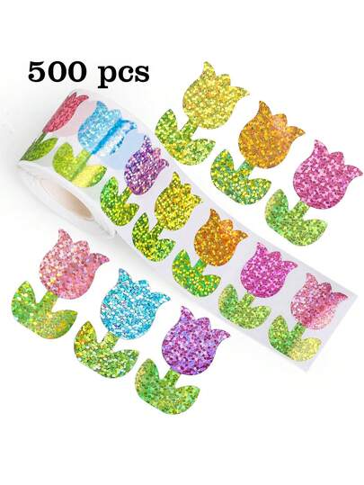 500pcs/Roll Large 3.8cm/Holographic Tulip Doodle Stickers, Colorful Spring Floral Shaped Stamps, Suitable For Envelopes, Magazines, Birthday, Wedding Decor, Party, Holiday DIY Decoration, PVC Sticker
