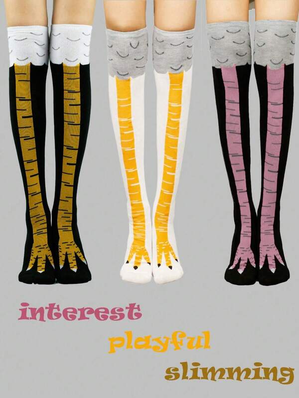 3 Pairs/1 Pair Amusing Abstract Chicken Claw Design Over-The-Knee Socks, Slimming Effect Suitable For Everyday Wear & Performances