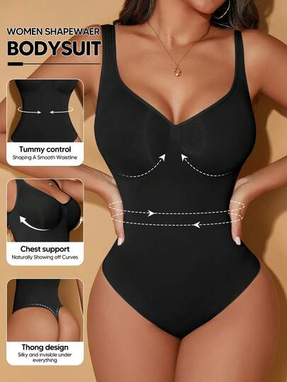Women's Solid Color Tummy Control Waist Slimming Bodysuit, Suitable For Layering And Shapewear