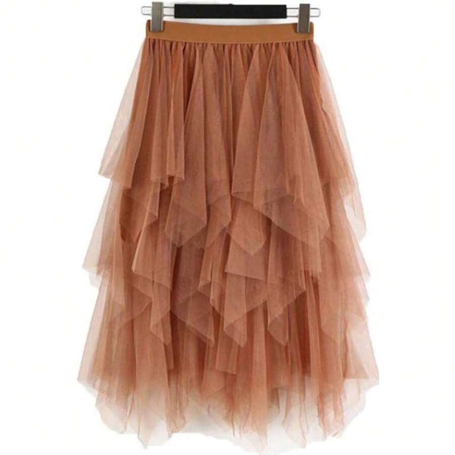 LB.KKC Women's Tulle Skirt Formal High Low Asymmetrical Midi Length Elastic Waist Tutu Layered Puffy Fairy Skirts - màu nâu - Xem 1