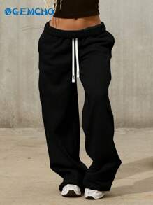 GEMCHO Wide Leg Casual Solid Color Adjustable Drawstring Waist Loose Fit Sports Pants With Side Pockets Daily