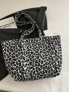 大容量豹纹背包，2025夏季新款百搭休闲手提包，单肩托特包适合上学通勤 - 黑色 - 查看 4