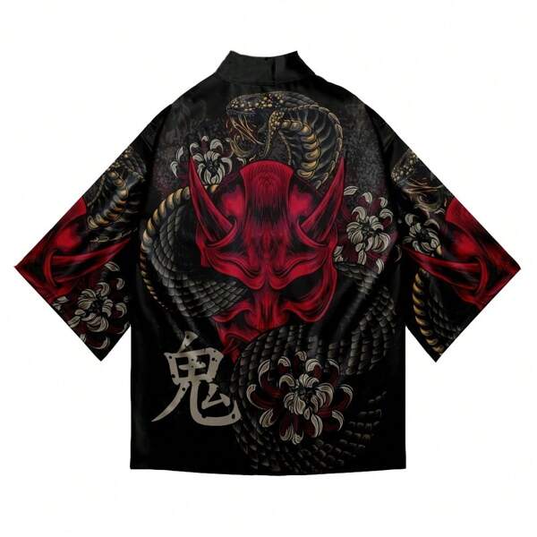 Kimono Shirt Men Japanese Ukiyoe Haori Men's Shirt Lightweight Summer Kimono Cardigan Prajna Devil Ghost Mask 3D Print, 3/4 Sleeve Casual Polyester Shirt For Adults Unisex