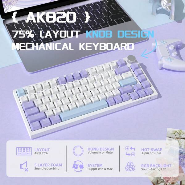 CROSS ZEBRA لوحة مفاتيح ميكانيكية للألعاب AJAZZ AK820 75% مسلكية، مع نقرة قابلة للتخصيص، إطار مطاطي RGB، إدخال كامل من دون تضارب الأرقام، مفتاح خطي بحر الملح، مناسبة لأجهزة الكمبيوتر / الحاسوب الشخصي، باللون البنفسجي والأزرق والأبيض والرمادي والأبيض والأصفر والرمادي والأبيض والأبيض والرمادي والأسود والأبيض