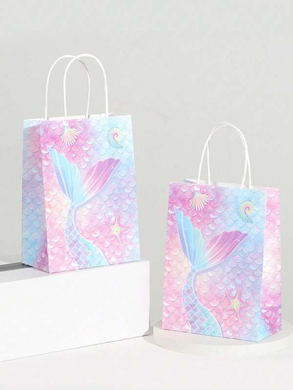 8 Pieces Of Creative Gradient Beauty Fish Tail Party Gift Packaging Bags, Color-Printed Cartoon Kraft Paper Tote Bags
