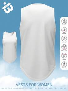 白色女式运动背心，圆下摆，宽肩剪裁，凸显身材，非常适合健身房训练、瑜伽课和户外晨跑