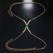 Vintage Square Green Synthetic Gem Chest Chain Body Jewelry With Shiny Transparent Gems - Golden Bikini Top Accessory, Suitable For Women's Daily Wear And Gifts