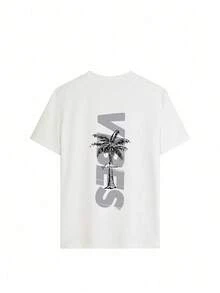 Camiseta de manga corta con cuello redondo y estampado minimalista de palmera para mujer, sencilla y versátil, adecuada para uso diario y de vacaciones. Camiseta con Estampado, Mujer, Blanca, Negra, Rosa, Verano - Blanco - Ver 4