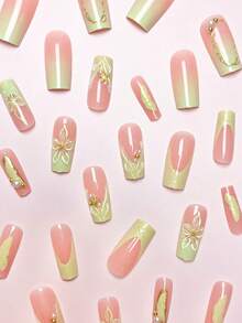 Mejora instantáneamente tu apariencia con un set de 24 piezas de uñas postizas de estilo francés de longitud media en color verde claro, con patrones de perlas 3D, ondas de agua, flores y líneas doradas, con acabado degradado de perlas y brillo, uñas artificiales de estilo presión, agregando un toque de romance y haciéndote lucir talla grande dulce. Accesorios para uñas - Multicolor - Ver 2