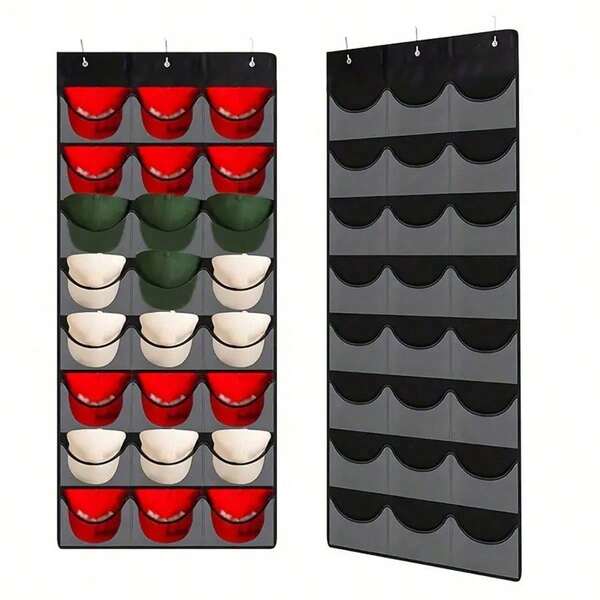 24 Pockets Hat Organizer Bag - Hat Organizer, Baseball Cap Rack, Hat Hanging Bag - With 3 Hooks Wall/Door Mounted Baseball Cap Rack, 24 Deep Pockets