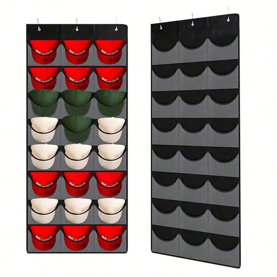 24 Pockets Hat Organizer Bag - Hat Organizer, Baseball Cap Rack, Hat Hanging Bag - With 3 Hooks Wall/Door Mounted Baseball Cap Rack, 24 Deep Pockets