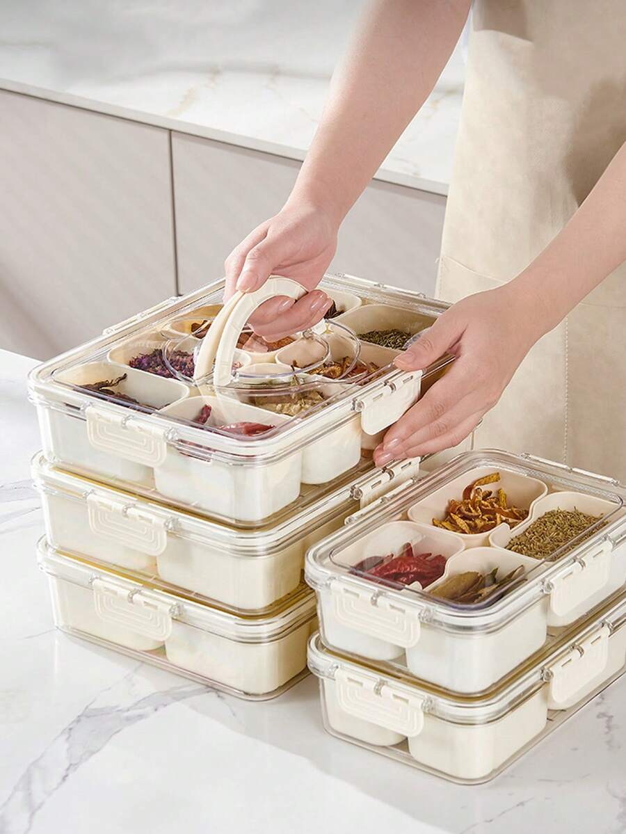 1pc Transparent Crisper Box With Lid, 4/8/9 Compartments Capacity, Divider Storage Dinner Plate, Divider Storage Box With Handles, Fridge Storage Box With Removable Snack Box, Spice, Dry Ingredients, Candy, Vegetable, Fruit, Nut Storage Box, Kitchen Food Storage Box, Suitable For Family, Travelling, Party, Picnic,(Do Not Clean In The Dishwasher)