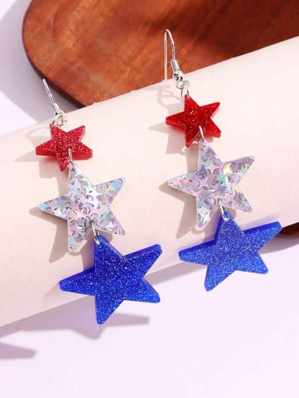 1 Coppia di orecchini con pendente a stella, per la festa dell'indipendenza degli Stati Uniti, colori a strisce bianco rosso e blu della bandiera americana, gioielli patriottici per il 4 luglio, design creativo di moda