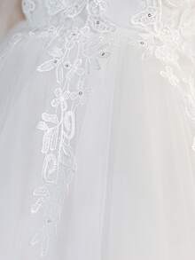 长袖亮片贴花薄纱优雅白色燕尾服公主裙，适合花童、婚礼、生日派对等场合，不含头饰 - 白色 - 查看 7