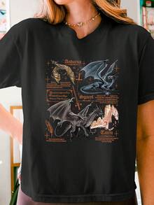 Tairn & Andarna 女款夏季第四翼龙图案印花圆领短袖简约休闲日常T恤上衣，Basgiath War Academy 女款夏季服装，龙骑士夏季黑色上衣 - 黑色 - 查看 4