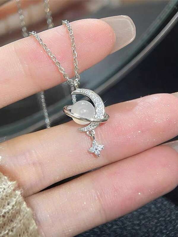 Celestial Moon And Planets Necklace With Natural Moonstone Pendant - Platinum Plated Copper Necklace, Elegant Clavicle Jewelry For Women, Suitable For Daily Wear, Party & Vacation