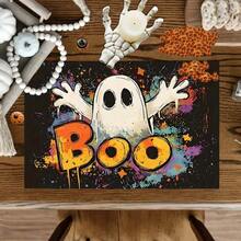 4pcs Halloween Ghost Print Placemats Set, Woven Polyester Rectangular Table Mats, Hand Wash Only, Kitchen & Home Decor, Indoor & Outdoor Dining Decoration - Multicolor - View 4
