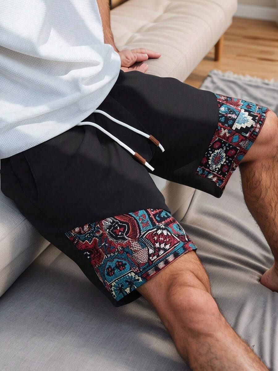 Men's Casual Breathable Shorts With Unique Tapestry Print Design And Drawstring Detail For Outdoor Sports Beach Shorts - Black - View 1
