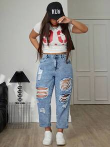 Jeanoix Plus Size Casual Bleashed Ripped Loose Jeans - Light Wash - View 4