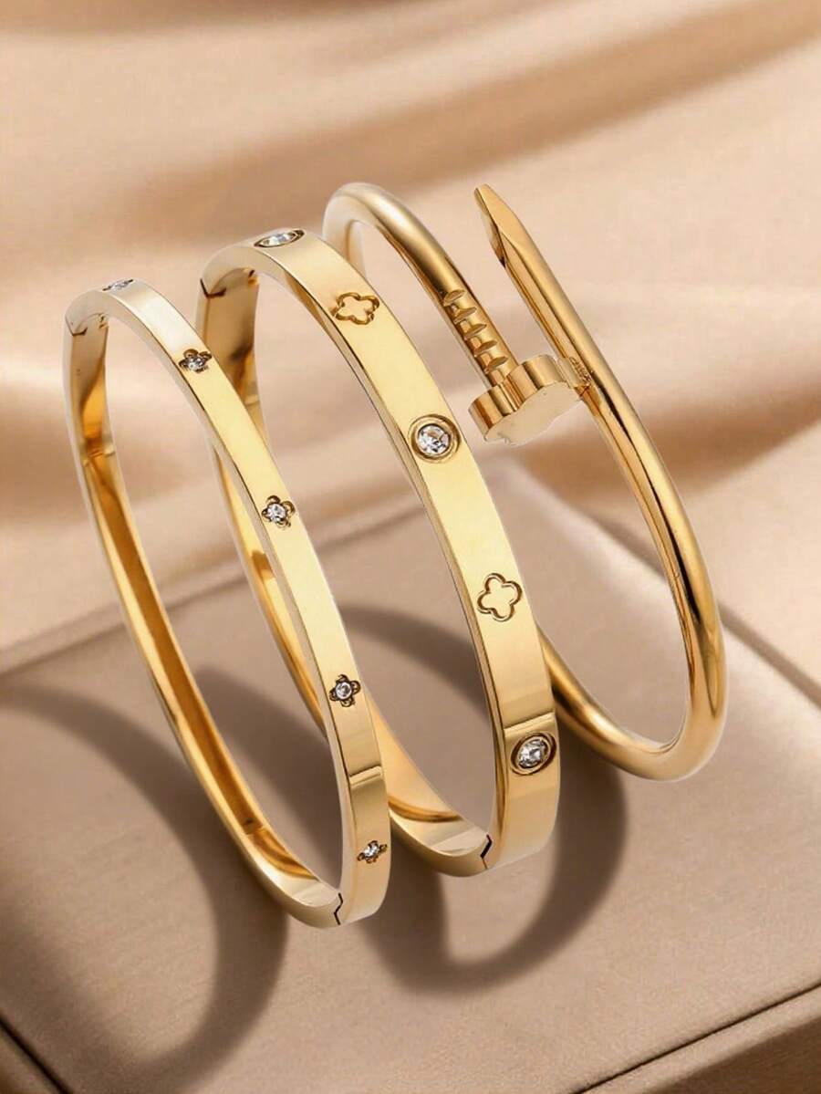 18 Karat vergoldetes Edelstahl Armband mit Vier-/Drei-Blatt Kleeblatt Muster, geeignet für Damen Partys, täglichen Gebrauch, europäischer und amerikanischer Stil, personalisiert, großzügig, luxuriöses kubisches Zirkonia Armband, Hochzeitsschmuckset, Geschenk für Mädchen, Frauen, Verwandte, Freunde, wunderschöne Hochzeit, Geburtstag, Valentinstag, Muttertag