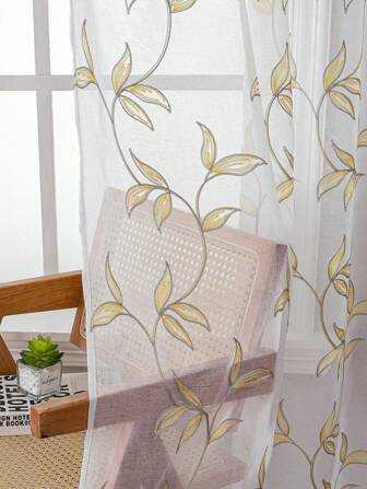 1pc Grey-Yellow Embroidered Curtain, Faux Linen Grommet Curtain, Suitable For Home Kitchen, Living Room, Dining Room, Balcony, Bedroom, Study, Home Decor