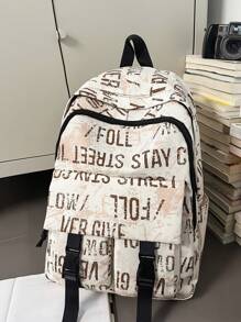 Casual Spacious Letter Print Multi-Pocket Snap Button Backpack, Unisex School/Travel Bag, Suitable For Students, School Season