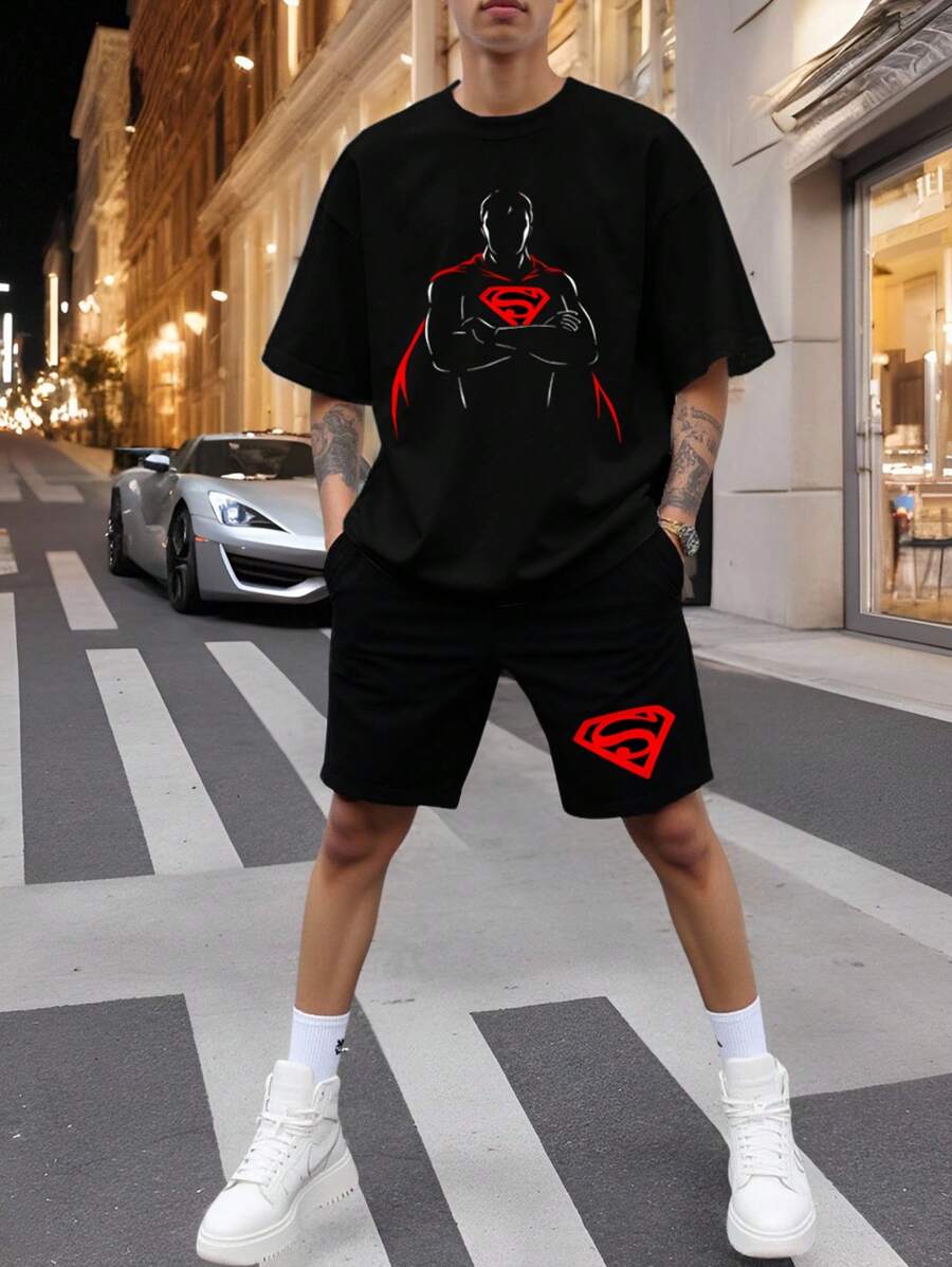 Warner Bros 2pcs Men's Casual Super Hero Cape Graphic Tee & Shorts Set, Summer