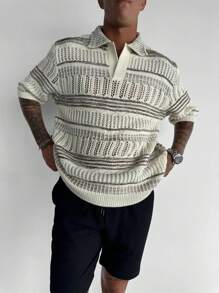 Camisa polo masculina listrada de manga curta vazada