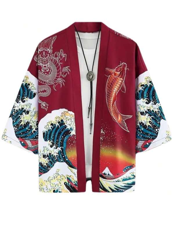 Kimono Shirt Men Japanese Ukiyoe Haori Men's Lightweight Summer Kimono Cardigan Dragon Fish Wave 3D Print, 3/4 Sleeve Casual Polyester Shirt For Adults Unisex
