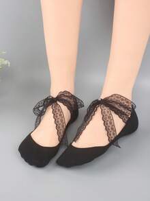 1 Pair Women Thin Bowknot Ribbon Lace Up Non-Slip Breathable Absorbing Moisture Hidden Socks - Black - View 10