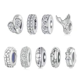 WOSTU 1 pieza Cuentas de plata esterlina 925 con circonita cúbica, diseño simple de estrella, luna y cola de pez, como encanto para mujeres, joyería antioxidante, apta para brazaletes originales y manualidades de joyería DIY