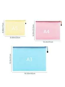 3 pezzi Borse a rete con zip a 5 colori, misure A3/A4/A5, borse porta zip di varie dimensioni, borse con zip impermeabili per conservazione, documenti, biglietti, cartoleria, elaborati d'esame, quaderni (colori casuali), per il ritorno a scuola, forniture scolastiche