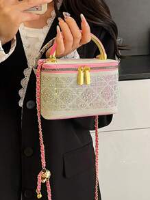 1pc Black Casual Versatile Handheld Mini Square Bag, Fashionable Embroidered Checkered Fabric, Suitable For Storing Phone, Lipstick, Coins At Work